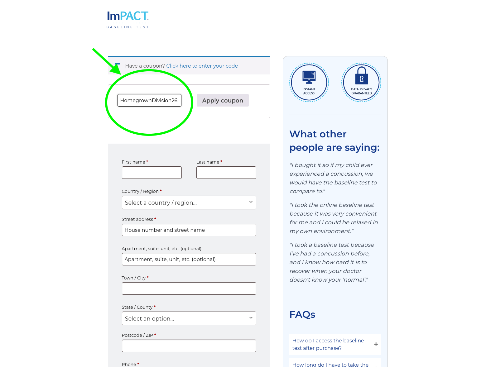 ImPACT Test — Enter Division Code HomegrownDivision26